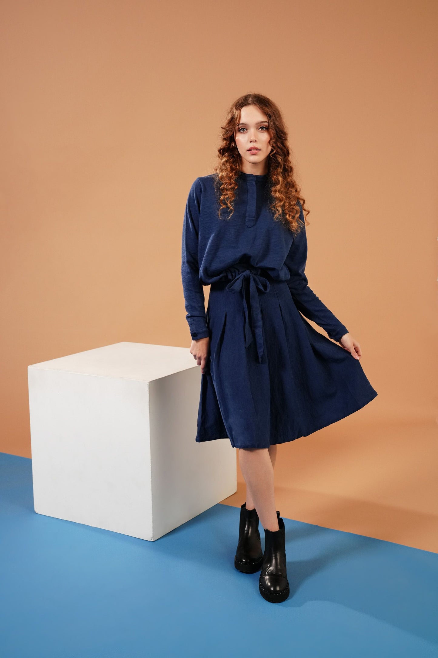 Pleat blue denim skirt