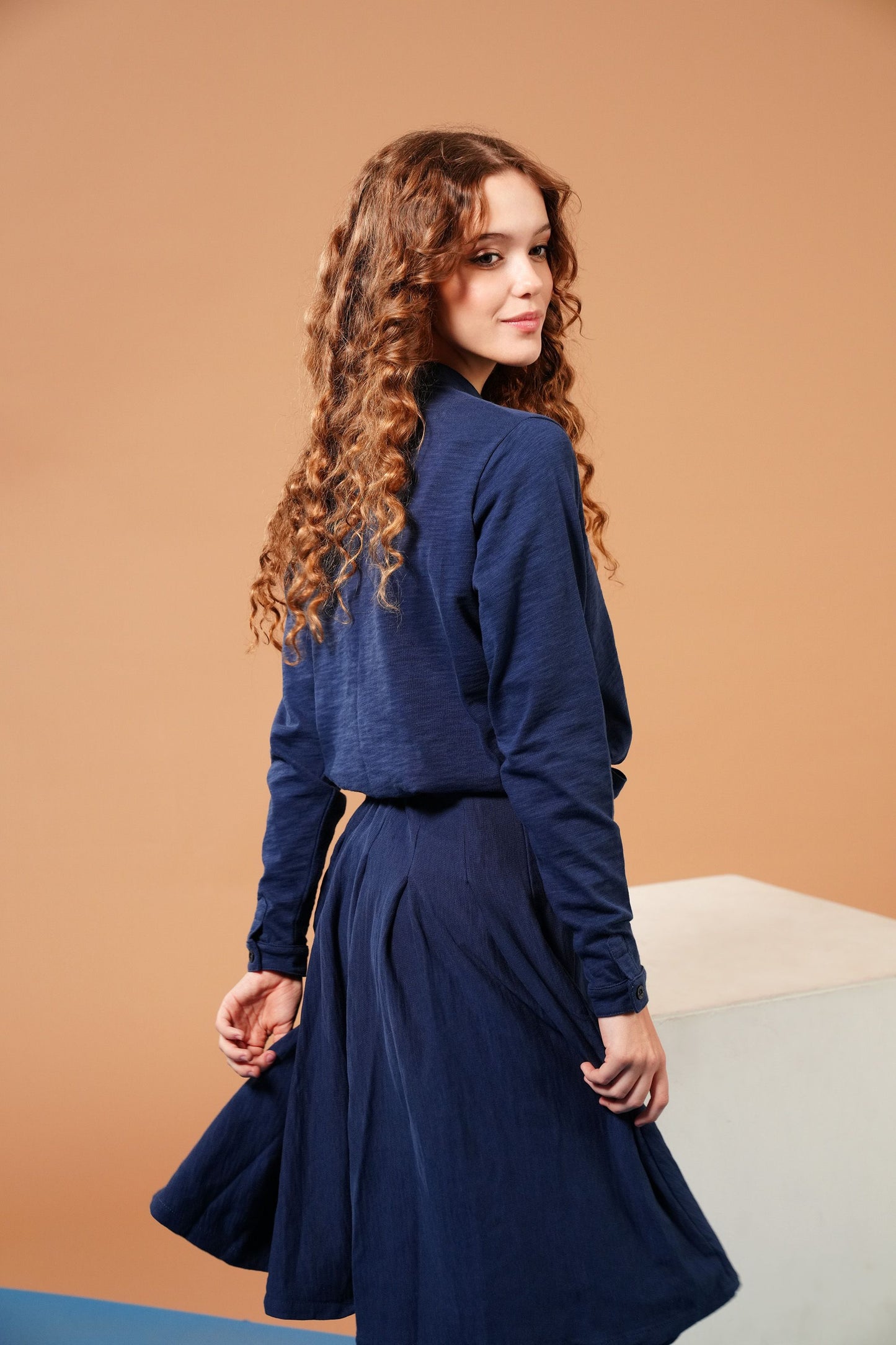 Pleat blue denim skirt