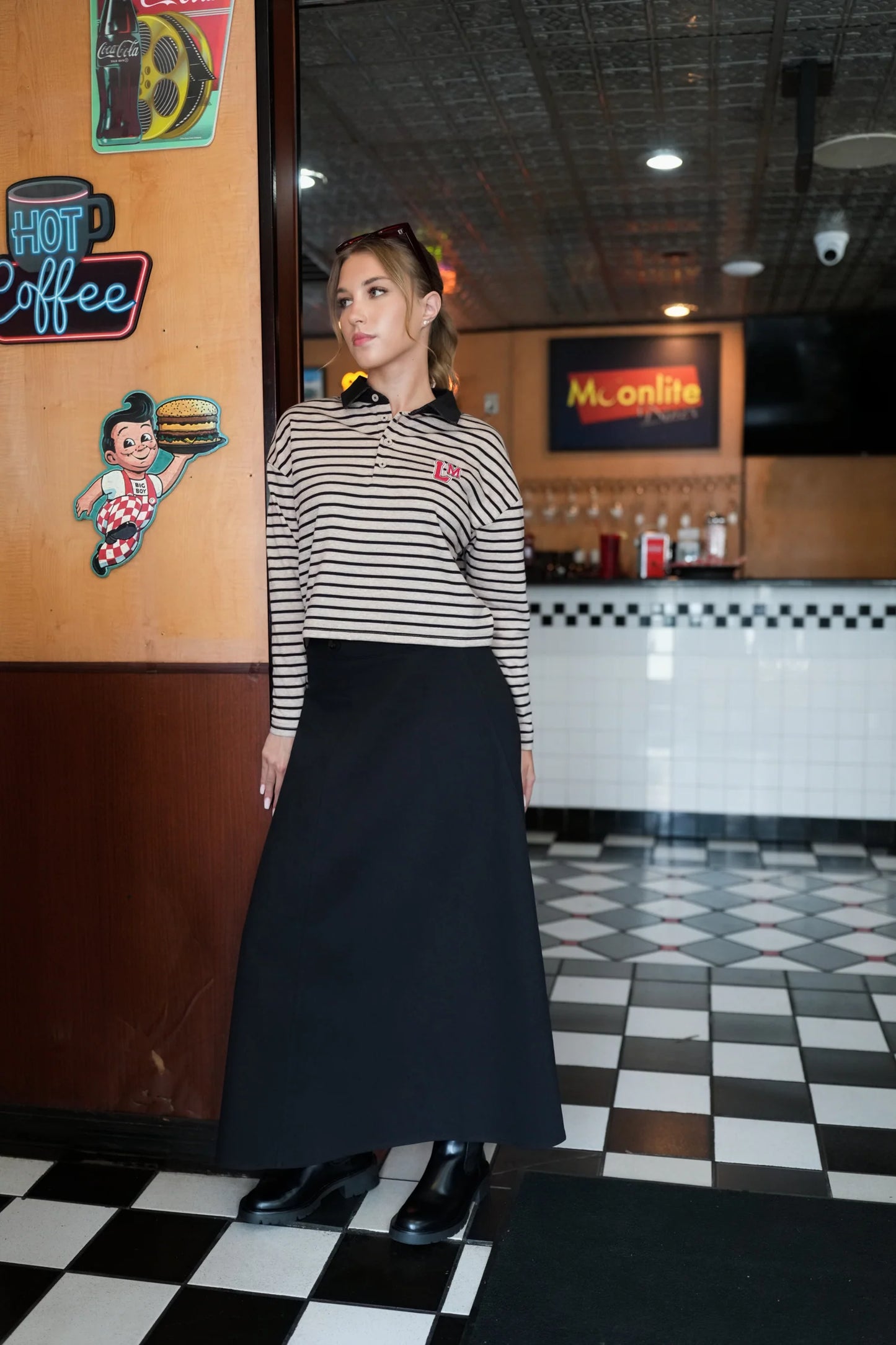 Romy mocha stripe cropped collar top FW26