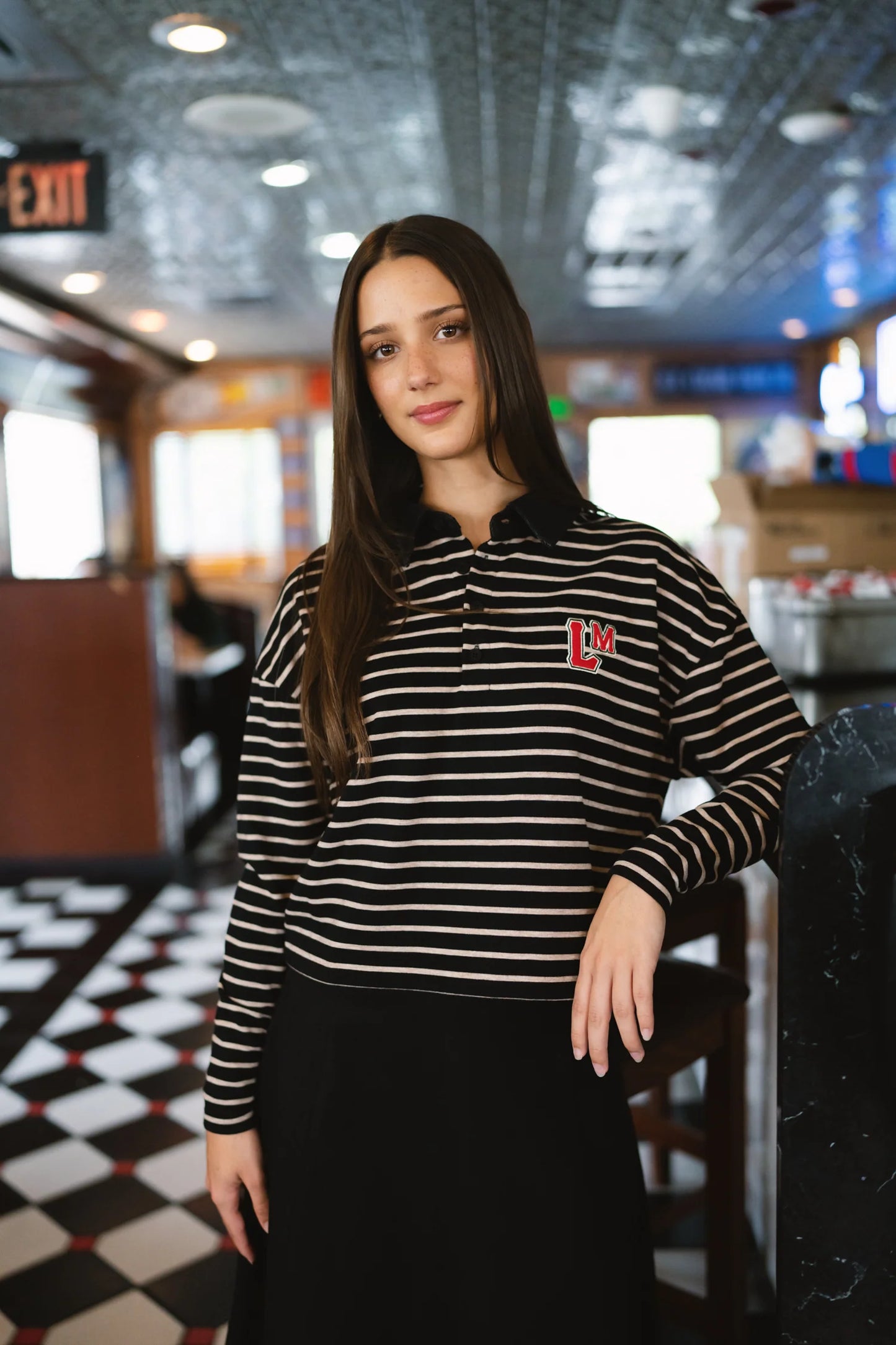 Romy black stripe cropped collar top FW26