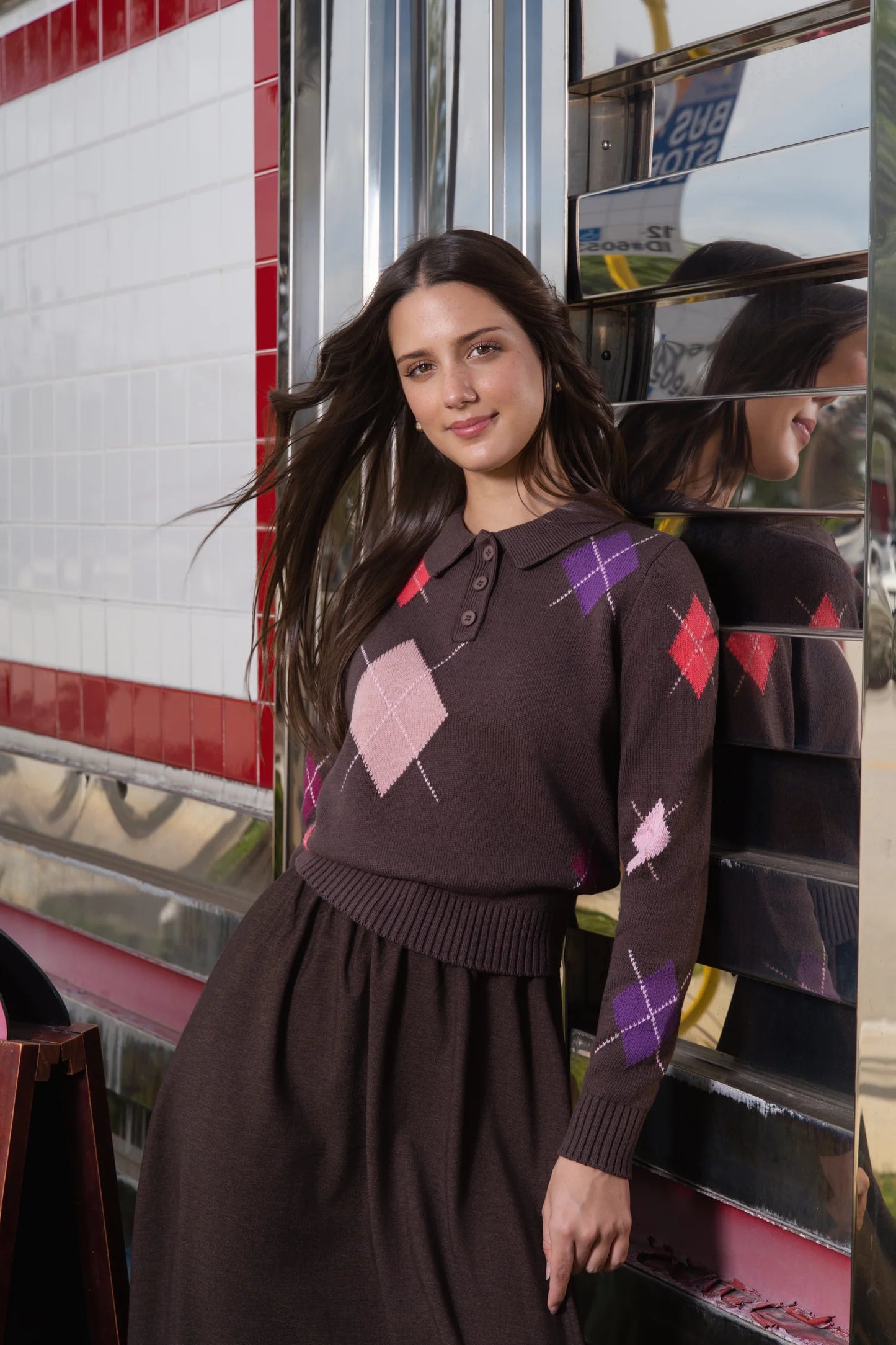 Emmy chocolate multi argyle sweater FW26