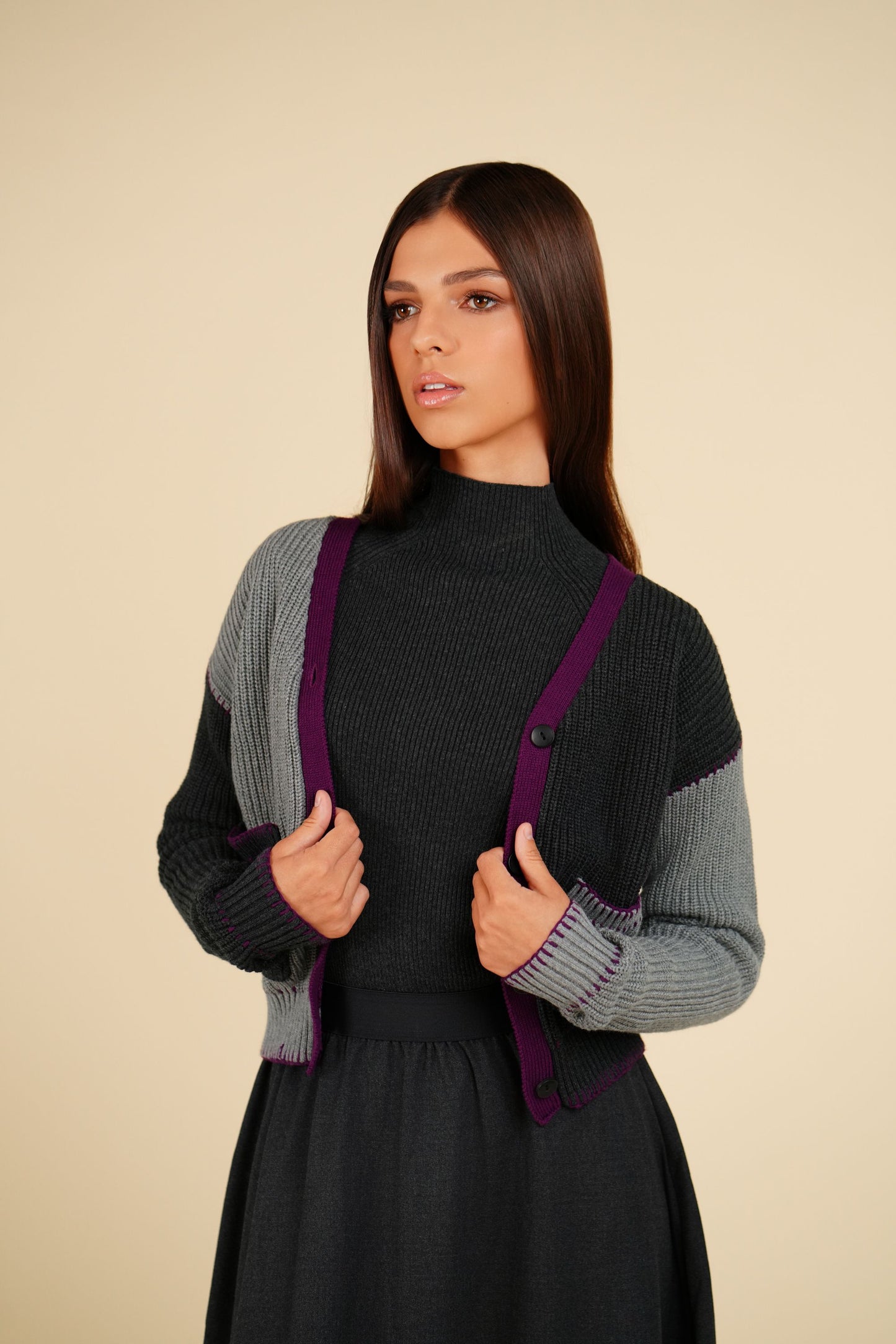 Colorblock plum knit cardi FW24