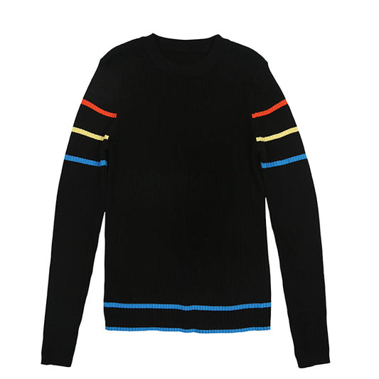 Multi stripe black knit crewneck sweater